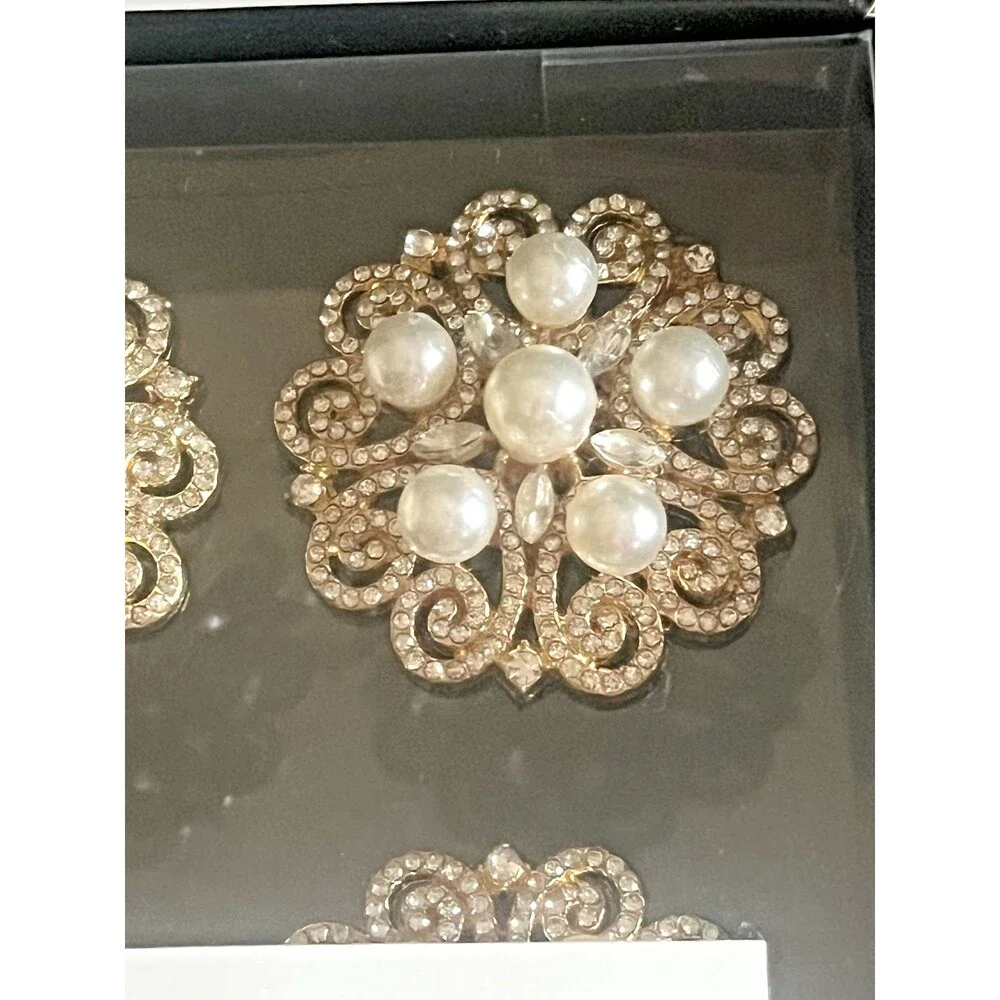 Studio 9 Luxury Round Napkin Rings Set of 4 Goldtone Rhinestones Pearls
